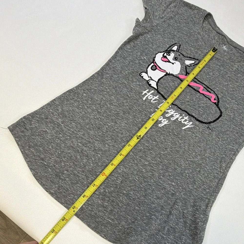 Justice Girls 10 Gray Short Sleeve Hot Diggity Dog Corgi Glitter Graphic Tee